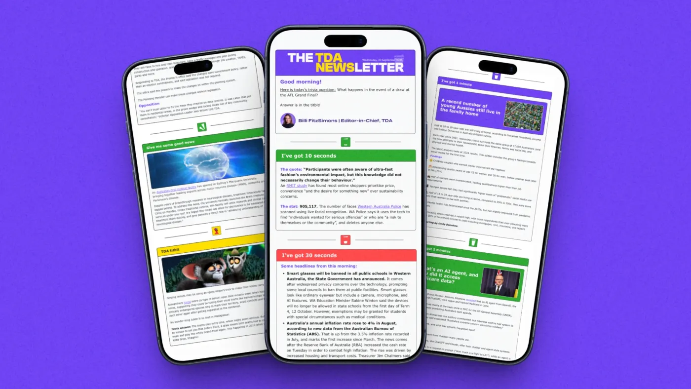 Three phones showing The Daily Aus Morning newsletter, with the day's news in short sections.
